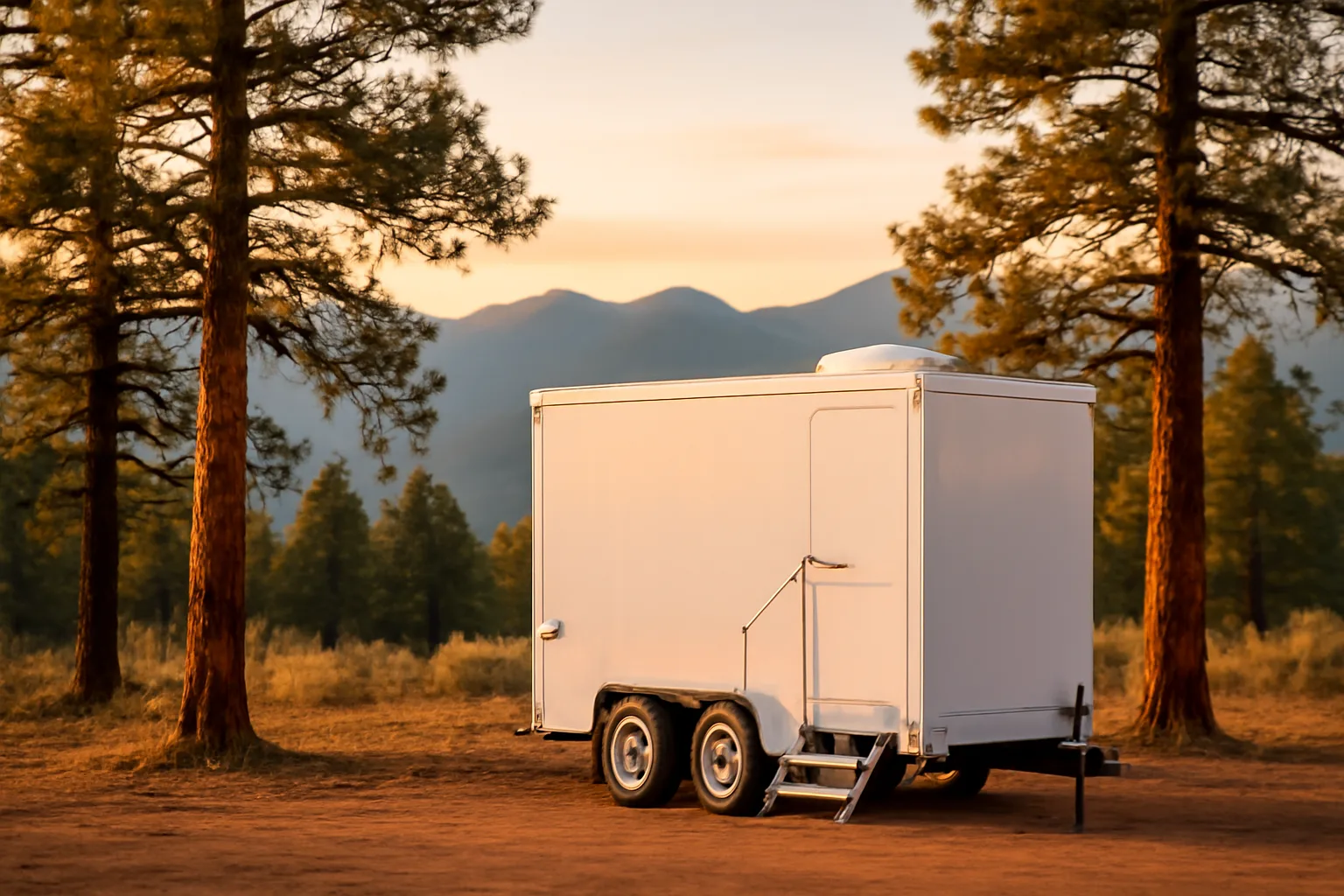 White luxury restroom trailer parked in Colorado Front Range pines
