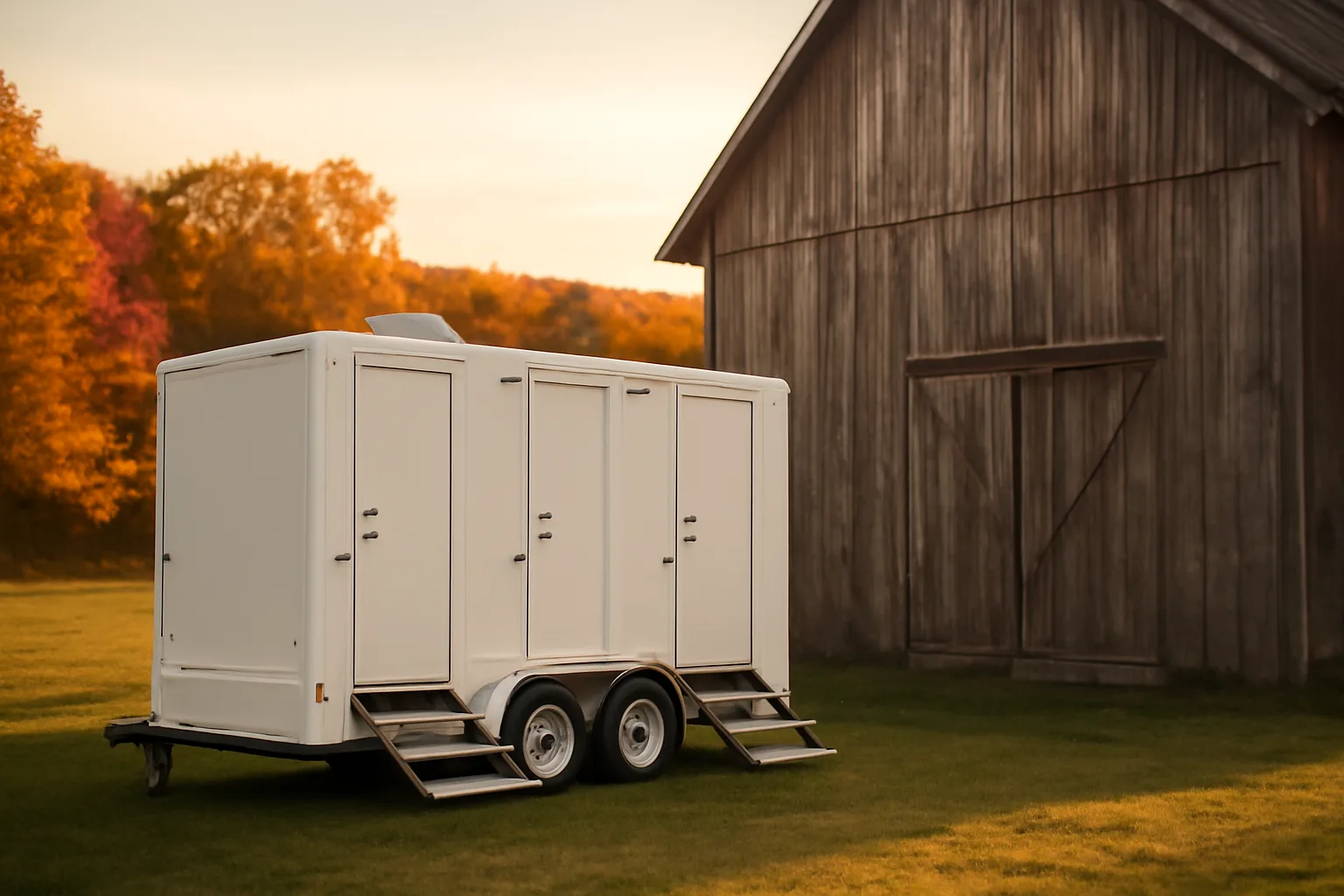 White luxury restroom trailer parked by a Connecticut barn at sunset