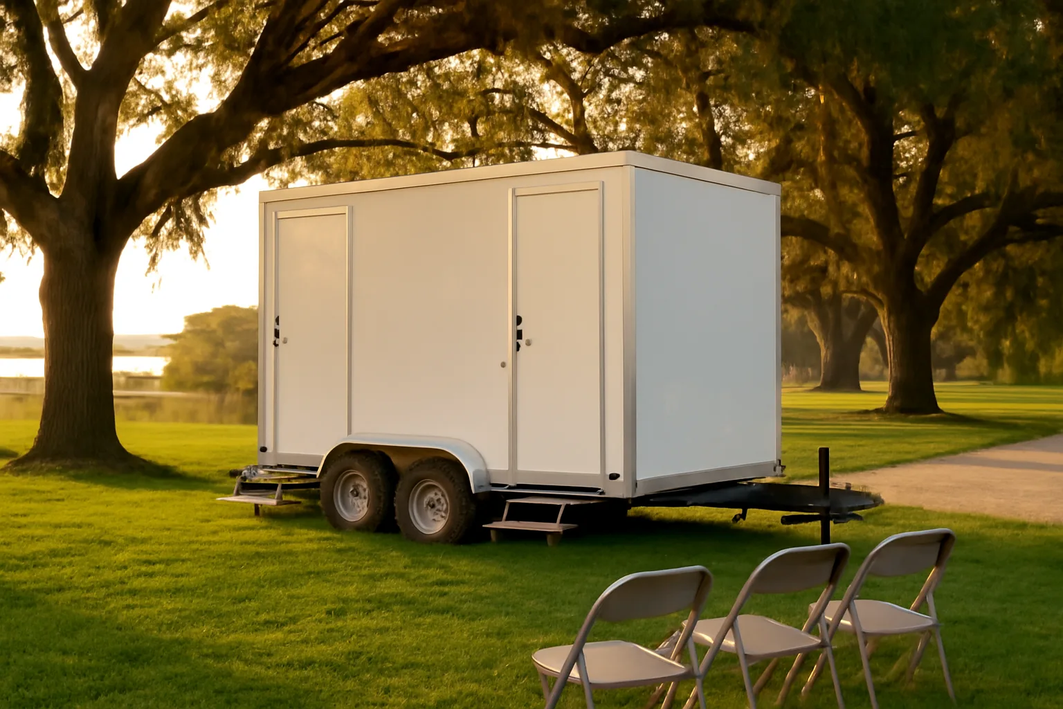 Plain white restroom trailer under Florida live oaks at golden hour