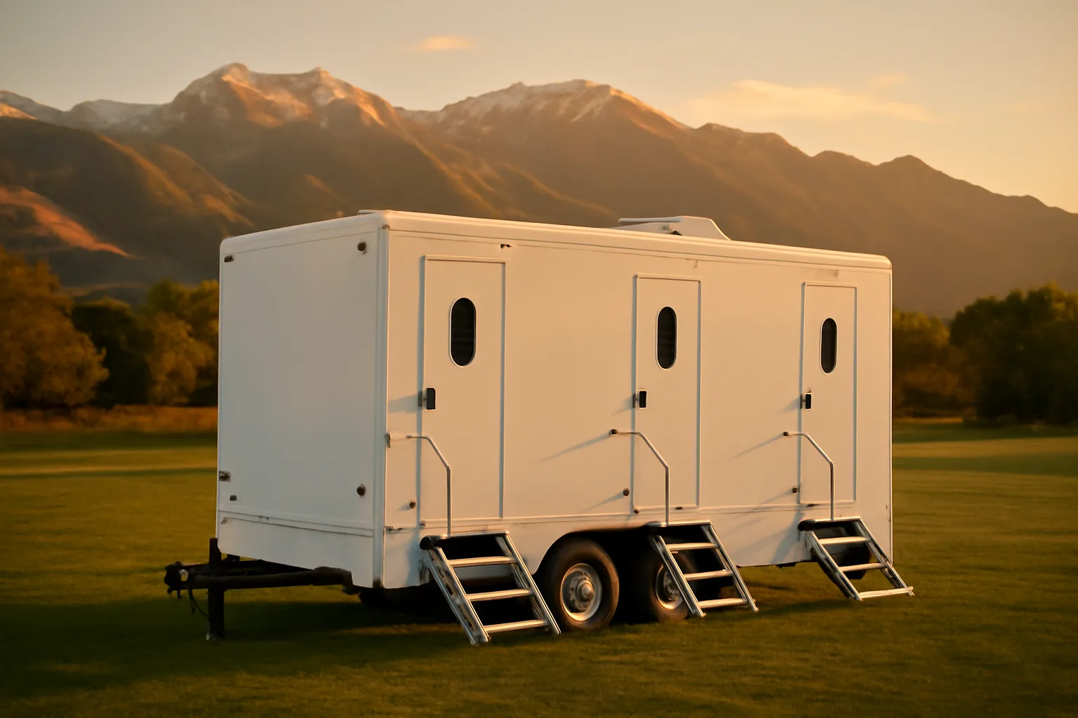 Luxury restroom trailer on green grass at Utah outdoor venue with mountain backdrop