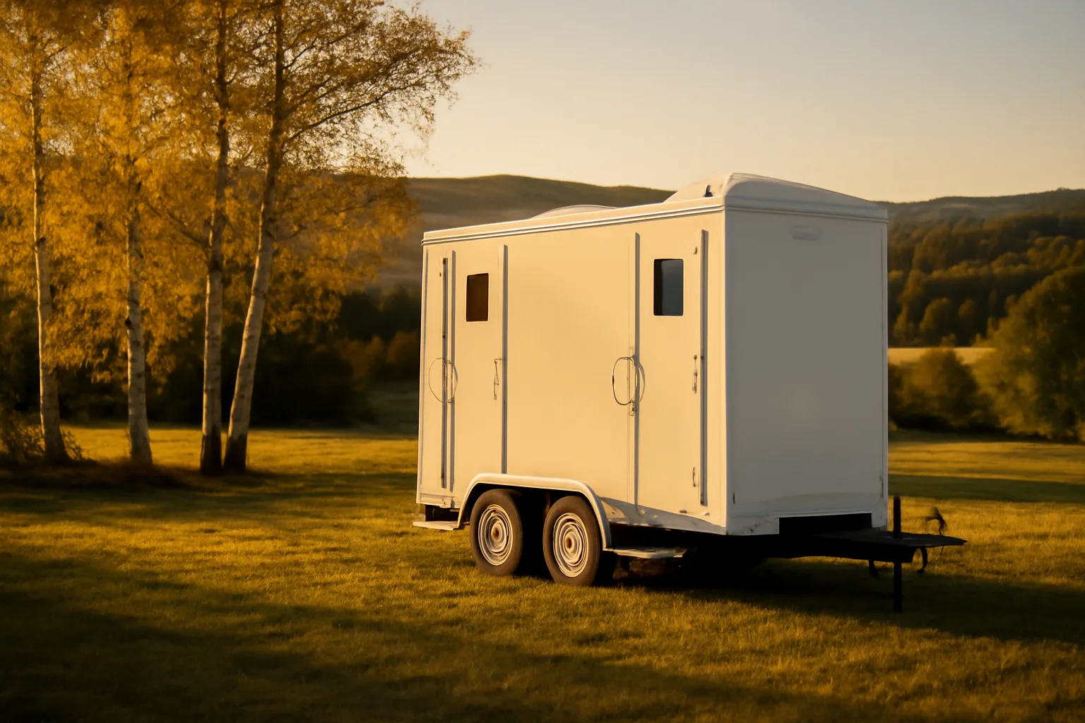 Luxury restroom trailer parked on a Vermont farm field at golden hour